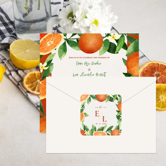 Sticker Carré Rustic Citrus Monogram Wedding Favor