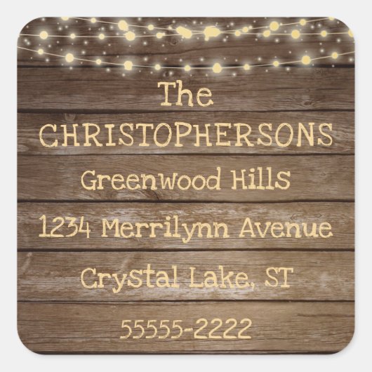 Sticker Carré Rustic Country Wood & String Lights Adresse de ret (Devant)