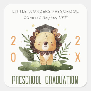 Sticker Carré Rustic Cute Kids Lion Foliage Préscolaire Graduati