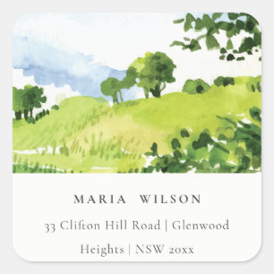 Sticker Carré Rustic Green Watercolor Camptryside Hills Adresse