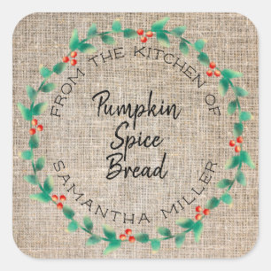 Sticker Carré Rustic Holiday Holly Wreath cuisine Traitements Ca