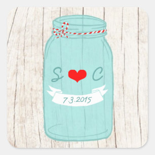 Sticker Carré Rustic Mason Jar sur l'écorce Mariage illustré
