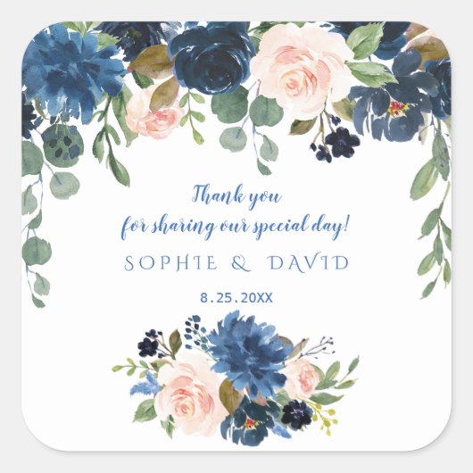 Sticker Carré Rustic Navy Blue Blush Flowers Bloom Mariage (Devant)