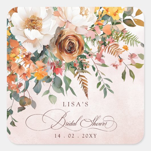 Sticker Carré Rustic Orange Floral Fall Bridal Shower (Devant)