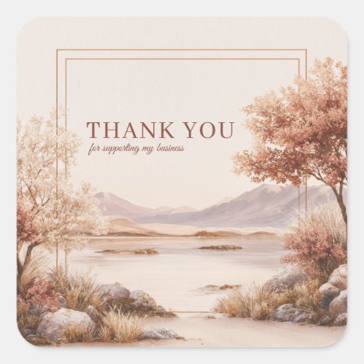 Sticker Carré Rustic Peach Landscape Lake Gold Frame Watercolor (Devant)