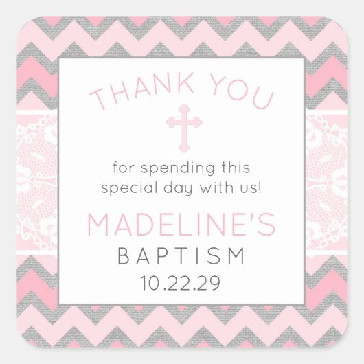 Sticker Carré Rustic Pink Grey Baptême Merci de favoriser autoco (Devant)