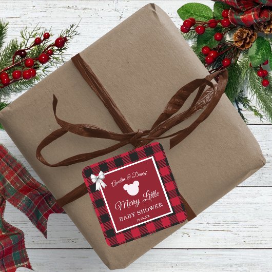 Sticker Carré Rustic Red Plaid Merry Little Baby Shower