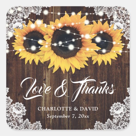 Sticker Carré Rustic Sunflower Wood Lace Wedding Thank You (Devant)