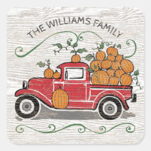 Sticker Carré Rustic Vintage Red Truck Citrouilles Nom de famill
