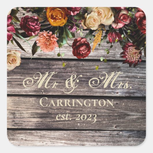 Sticker Carré Rustic Wood Floral Mr & Mrs Mariage (Devant)