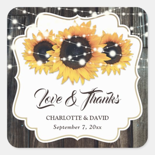 Sticker Carré Rustic Wood Sunflower Love et Merci Mariage (Devant)