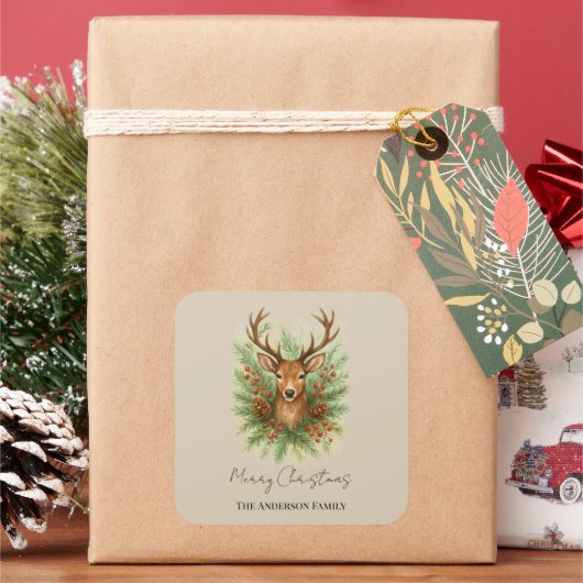 Sticker Carré Rustic Woodland Deer Head with Winter Foliage -  (vacances)