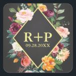 Sticker Carré Rustique Automne Chalkboard Floral Mariage<br><div class="desc">Ce joli autocollant rustique à thème d'automne est conçu avec les initiales et la date mariage de la mariée et du marié entouré d'un cadre en forme de losange. De belles fleurs d'aquarelle entourent le cadre dans les tons bordeaux, rose, orange, saumon et blanc avec des accents de verdure. Le...</div>