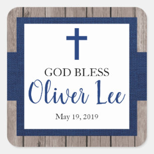 Sticker Carré Rustique Baptême garçon Dieu béni Favoriser