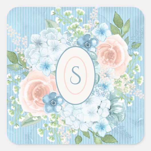 Sticker Carré Rustique Bleu Rose Vert Floral Shabby Chic (Devant)