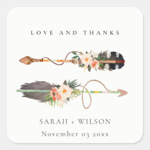 Sticker Carré Rustique Boho Feather Floral Flèche Mariage Merci