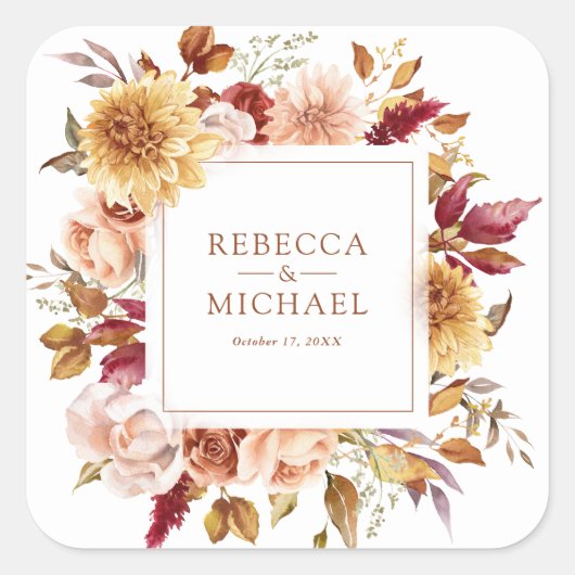 Sticker Carré Rustique Bourgogne Terracotta Mariage Floral (Devant)