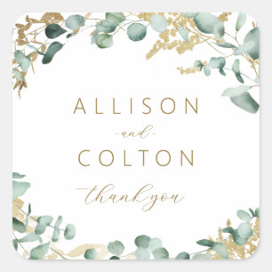 Sticker Carré Rustique eucalyptus or verdure boho mariage faveur