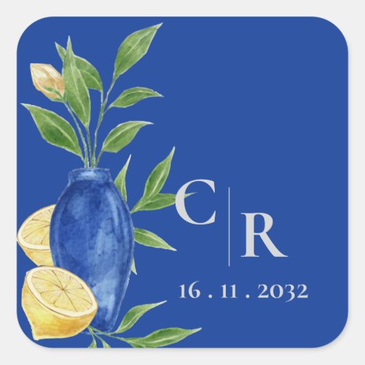 Sticker Carré Rustique Joli Monogramme Bleu jaune citron Mariage (Devant)