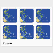 Sticker Carré Rustique Joli Monogramme Bleu jaune citron Mariage (Feuille)