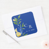 Sticker Carré Rustique Joli Monogramme Bleu jaune citron Mariage (Enveloppe)