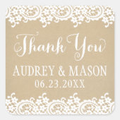 Sticker Carré Rustique Kraft et dentelle Mariage Merci (Devant)