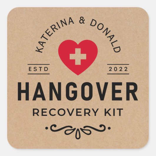 Sticker Carré Rustique Kraft Mariage Hangover Kit de récupératio (Devant)