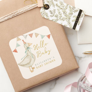Sticker Carré Rustique mignonne Bonjour Bébé Baby shower canard
