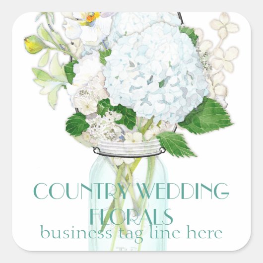 Sticker Carré Rustique Pays Mason Fleurs Jar Blanches Hydrangeas (Devant)