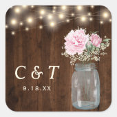 Sticker Carré Rustique Peony Floral Mason Jar | (Devant)
