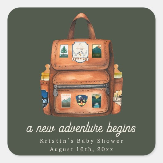 Sticker Carré Sac à dos Aventure + Bouteilles Baby shower vert (Devant)