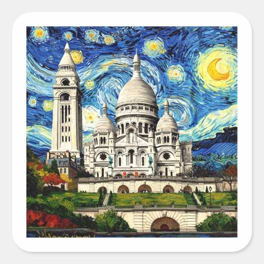 Sticker Carré Sacre-Coeur Paris France Starry Night (Devant)