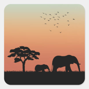 Sticker Carré Safari Afrique Sunset Elephant Silhouette