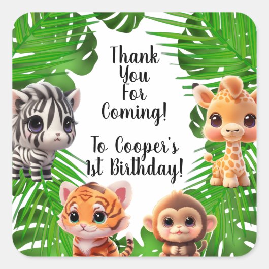 Sticker Carré Safari amis tigre girafe zèbre singe éléphant (Devant)