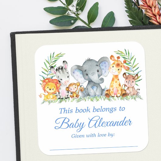 Sticker Carré Safari Animaux Baby shower Blue Bookplate Étiquett