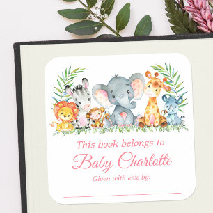 Sticker Carré Safari Animaux Baby shower Rose Bookplate Étiquett