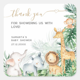 Sticker Carré Safari Bébé Animaux Baby shower vert Merci