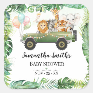 Sticker Carré Safari Bébé Animaux Jungle Baby shower tropical