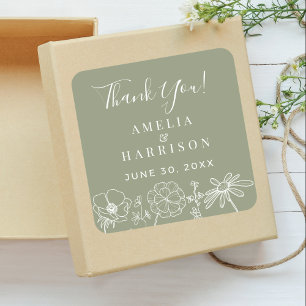 Sticker Carré Sage Green Élégant Mariage Floral Merci