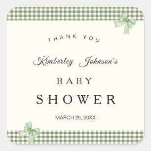 Sticker Carré Sage Green En vichy Baby shower Invitation et vach
