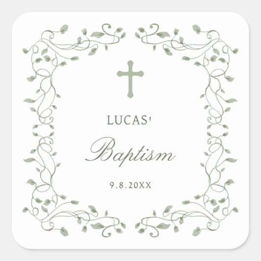 Sticker Carré Sage Green Foliage Frame Baptism (Devant)