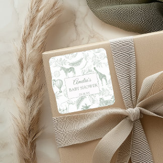 Sticker Carré Sage Green Jungle Safari Animals Baby Shower Favor