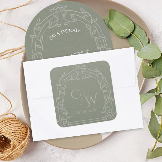 Sticker Carré Sage Green Ornate Arch Botanical Wedding Envelope