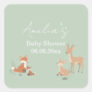 Sticker Carré Sage Green Woodland Animal Baby Shower 