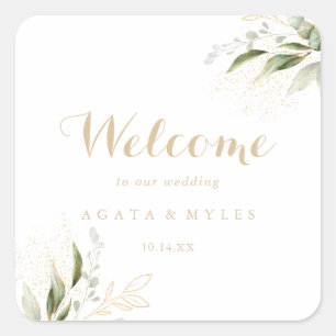 Sticker Carré Sage verdure Eucalyptus Or Mariage Bienvenue
