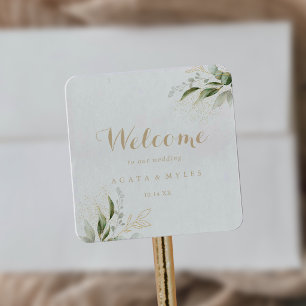 Sticker Carré Sage verdure Eucalyptus Or Mariage Bienvenue