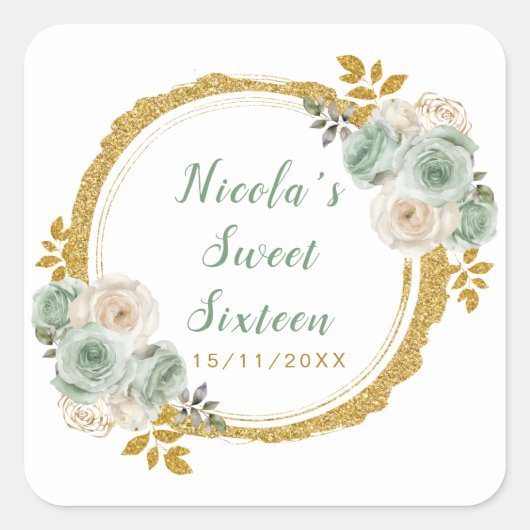 Sticker Carré Sage Vert et or Elegant Fleurs Sweet sixteen (Devant)