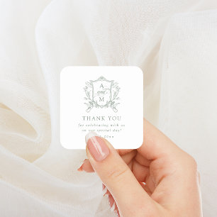 Sticker Carré Sage Vert Vintage Crest Mariage Remerciements