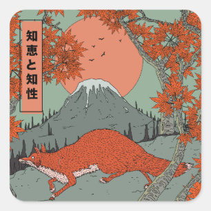 Sticker Carré Sagesse et intelligence art de renard japonais vin