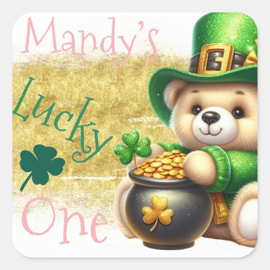 Sticker Carré Saint Patrick’s Day Bear Gold Birthday Lucky One (Devant)